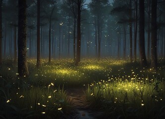 An illustration of a serene nighttime forest with a field illuminated by numerous glowing fireflies