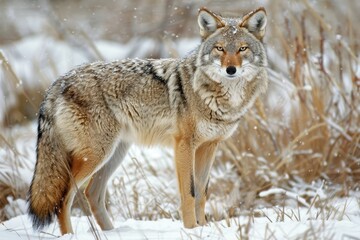 Fototapeta premium Coyote in Winter: A lone coyote stands in a snowy field, its fur blending with the white landscape. The animal's piercing gaze and alert posture suggest a sense of vigilance and survival 