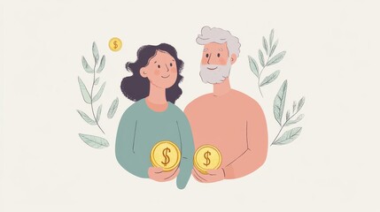 A loving couple holds coins, symbolizing financial partnership and teamwork in a modern, minimalistic style.