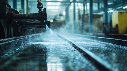 An industrial setting where a laser is used for surface cleaning, with the beam removing rust and contaminants from a metal surface. The laser is bright and focused, creating a clean, polished area