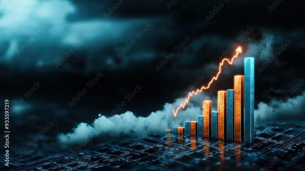 Poster a bar chart with a steep decline overshadowed by dark clouds symbolizing recession