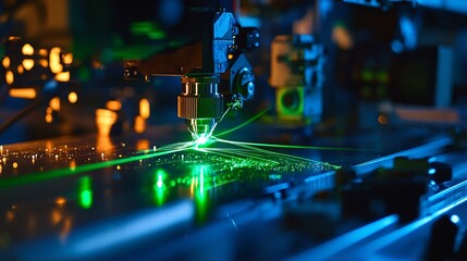 A detailed view of a laser used in optical fiber manufacturing, with the beam precisely aligning the fibers during the production process. The laser emits a bright green light, surrounded by advanced