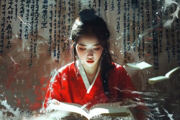 A Korean girl is shown practicing calligraphy with the Gamma, Delta, and Omega Greek letters, highlighting her focus on the art of writing and cultural elements.