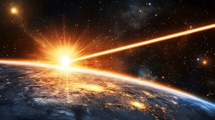 A futuristic concept of laser technology used in space exploration, with a laser beam mapping the surface of a distant planet. The scene is set against the backdrop of space, with stars and galaxies