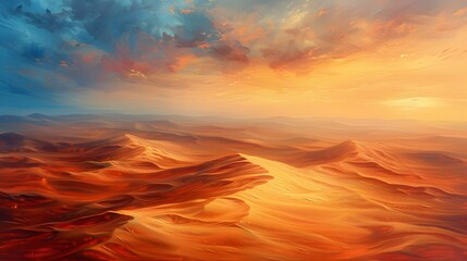 Fototapeta premium Tranquil Desert Landscape at Dramatic Sunset with Detailed Sand Dunes and Warm Toned Oil Painting Aesthetic