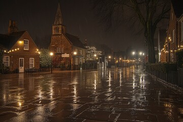 Naklejka premium A Rainy Night in a Stone-Built Village