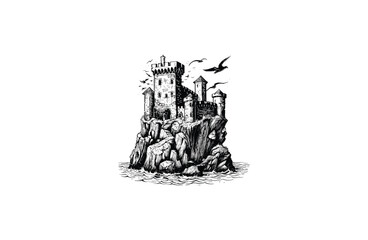 Fototapeta premium fort on a cliff by the coast vintage engraving design vector illustration