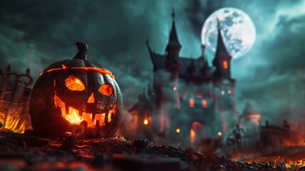 Happy Halloween celebration pumpkin and dark castle 