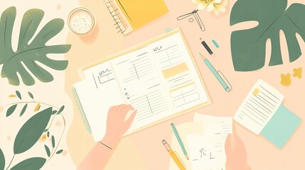 A cozy workspace featuring a planner, pens, and tropical leaves, perfect for inspiring productivity and creative planning.