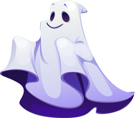 Cartoon Halloween ghost character, scary spooky personage, horror evil monsters. Cute vector spook with a friendly smile, playful phantom with white and soft purple glow wandering in the holiday night