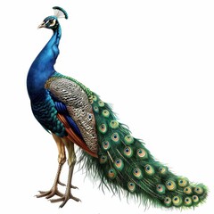 Obraz premium Peacock Majesty: A stunning peacock with vibrant blue and green plumage stands proudly with its tail feathers spread wide, showcasing nature's beauty and elegance, isolated on white background