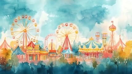 Obraz premium Whimsical watercolor of a vibrant carnival with rides, in soft pastel tones, designed for a child's room, evoking happiness and the thrill of adventure