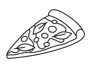 Hand drawn cute outline illustration slice of pizza. Fast food meal. Flat vector unhealthy dinner line art doodle style. Italian cuisine icon or print. Eating disorder. Junk food overeating. Isolated.