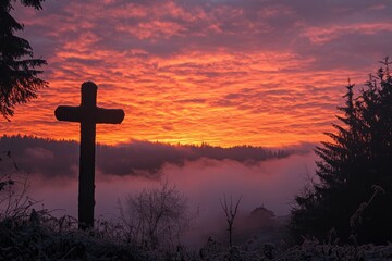 Cross silhouette at sunrise  with generative ai