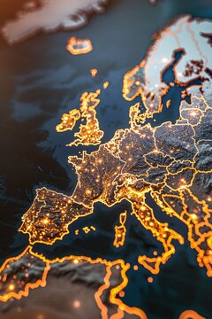 Illuminated Outline of Europe at Night. The Countries glow representing cities infrastructure data