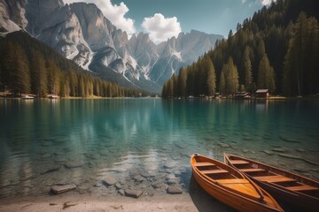 Two Wooden Boats on a Tranquil Mountain Lake