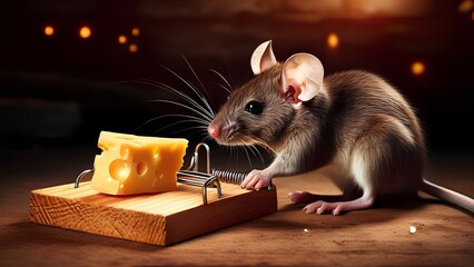Fototapeta premium A rat stands near a trap with cheese. Gray Mouse and a mousetrap with a piece of cheese. Concept: Temptation, free cheese in a mousetrap.