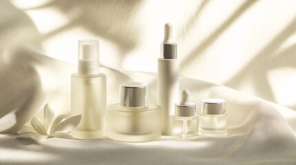 A skincare set arranged on a light-colored fabric with a backdrop of soft, ambient light. The set features bottles and jars of different sizes, including a face wash, moisturizer, and serum. The
