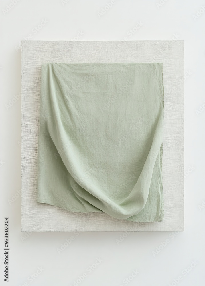 Poster abstract composition with a pale green fabric artistically draped over a textured white canvas, crea