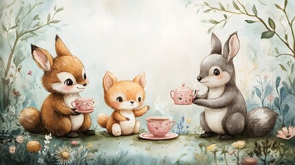Fototapeta premium Colorful watercolor painting of woodland creatures having a tea party, in a playful and pastel style, perfect for a child's room, capturing a magical moment