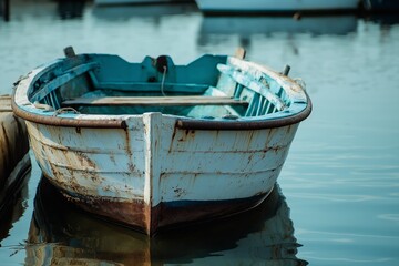 Obraz premium An aged wooden boat, showing signs of wear, floats on calm waters in a serene and tranquil setting.