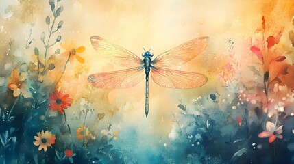 Dragonfly in a whimsical fairy garden, watercolor in pastel tones, ideal for a child's room, creating a mystical and colorful atmosphere