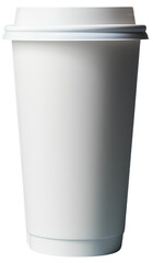 Blank Canvas Coffee: A pristine white to-go coffee cup, lid on, ready for your brand or message, isolated on transparent background. Perfect for mockups and designs.