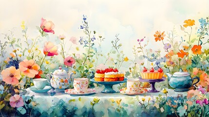 Whimsical garden party with delicate tea sets and cakes, pastel watercolor painting for a child's room, colorful and inviting
