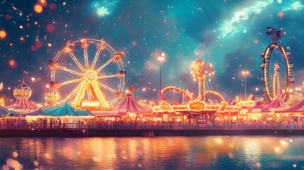 Colorful carnival with dazzling lights and playful rides, soft pastel watercolor style, ideal for a child's room, radiating fun and wonder