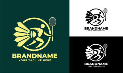 Modern Circular Badminton Coaching Logo Design Template with Player and Shuttlecock