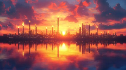 Naklejka premium Dramatic Sunset Cityscape with Anime-Style Oil Refinery and OPEC Reserves