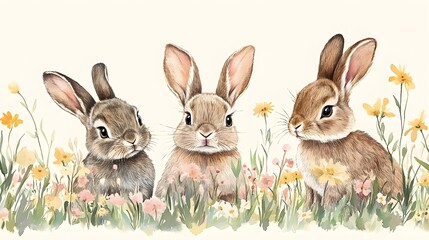Fototapeta premium Whimsical watercolor meadow with charming rabbits, painted in soft pastels, ideal for a child's room, evoking warmth and gentle playfulness
