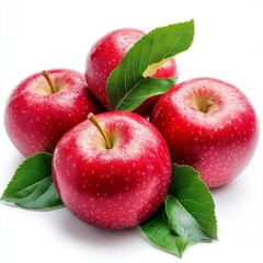 Red apple fruit with leaves close up isolated on white background