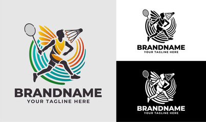 Colorful Badminton Player Logo Design Template for Badminton Coaching and Club
