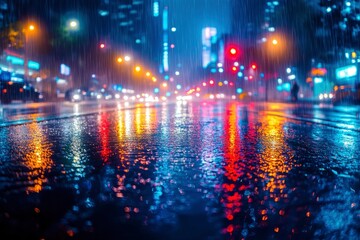 Obraz premium City Street Lights Reflected in Rain Puddles at Night