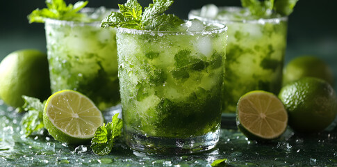 Fototapeta premium Refreshing mint cocktail mojito with rum and lime, cold drink or beverage with ice commercial advertising photo