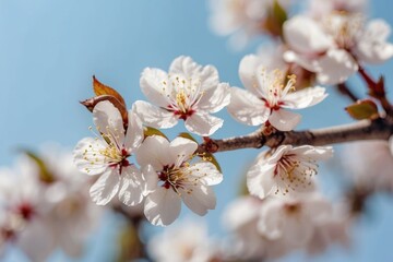 Fototapeta premium Close-Up of White Blossoms on a Branch Against a Blue Sky