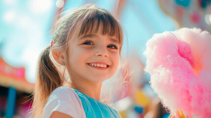 Joyful young girl with cotton candy in hand enjoying a sunny day at the carnival