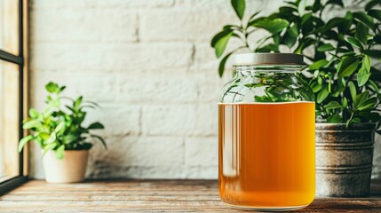 Kombucha brewing in large glass vessel ready to pour 3D illustration