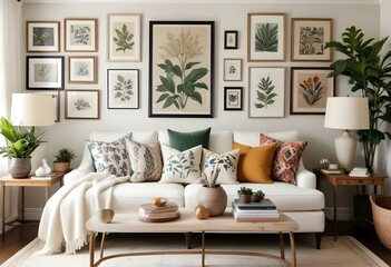 A cozy living room with a white sofa, patterned throw pillows, and a gallery wall featuring various framed artwork and botanical prints.