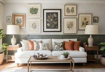 A cozy living room with a white sofa, patterned throw pillows, and a gallery wall featuring various framed artwork and botanical prints.