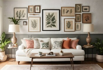 A cozy living room with a white sofa, patterned throw pillows, and a gallery wall featuring various framed artwork and botanical prints.