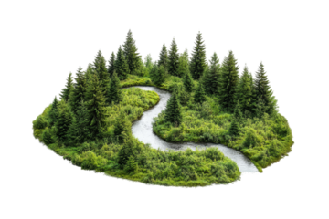 Serene Winding River in Forest Isolated on White Background