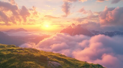 Fototapeta premium Sunset Over Mountain Peaks and Clouds