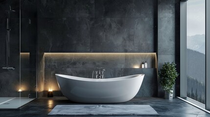 Luxurious brown bathroom with a large cozy bathtub	