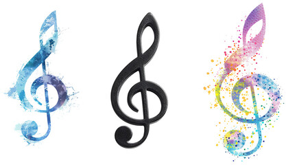 Symphony of Styles: A trio of G-clefs, rendered in sleek black, cool blue watercolor, and vibrant rainbow splashes, embodies the diverse beauty of music, isolated on a transparent background. 