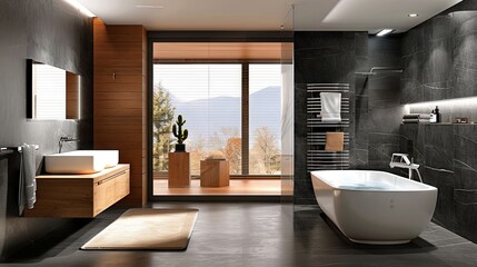 Fototapeta premium Luxurious brown bathroom with a large cozy bathtub 