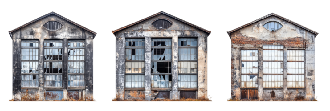 Eerie Abandoned Factory with Broken Windows on White Background