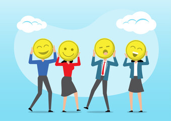 Group of diverse people holding happy emoticons