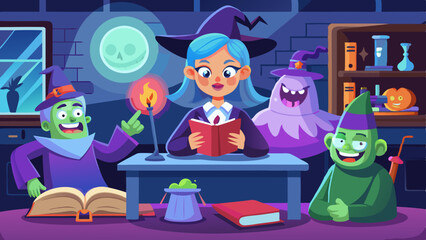 Naklejka premium Spooky Classroom Scene with Ghost Students and Witch Teacher Holding Wand 